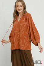Textured Leaf Jacquard Peasant Blouse