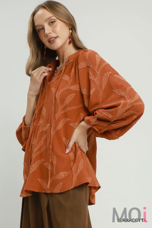 Textured Leaf Jacquard Peasant Blouse