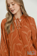 Textured Leaf Jacquard Peasant Blouse
