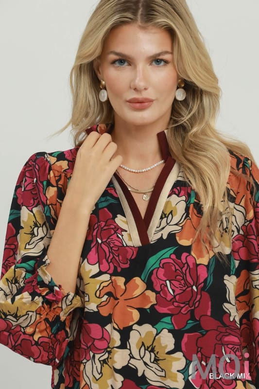 Floral Print Contrast Trim Tunic