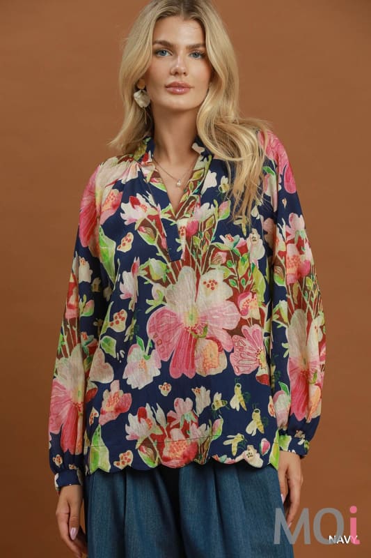 Floral Print Split Neck Blouse