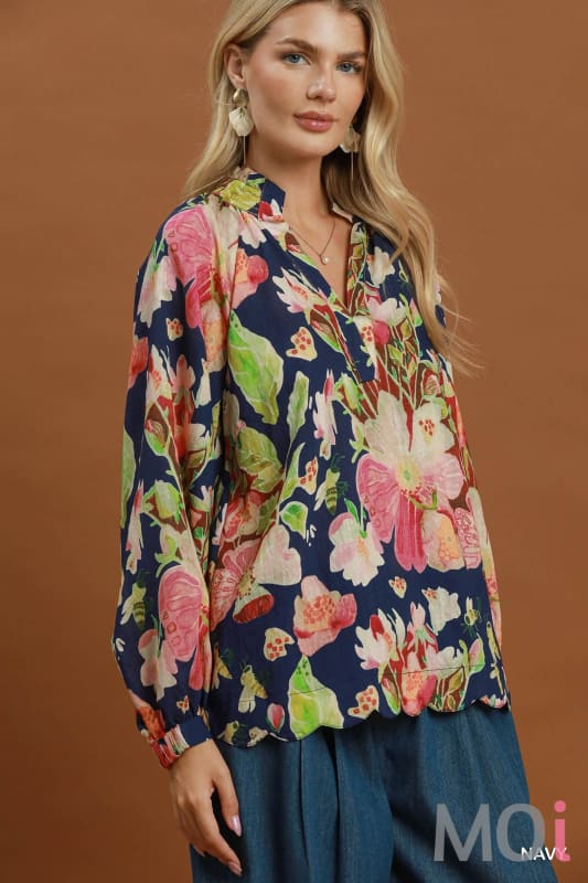 Floral Print Split Neck Blouse