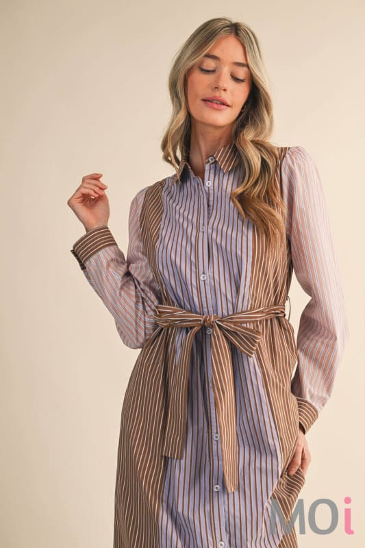Mixed Stripe Belted Midi Dress