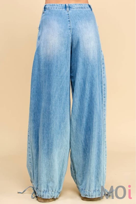 Ankle Drawstring Wide Denim Pants