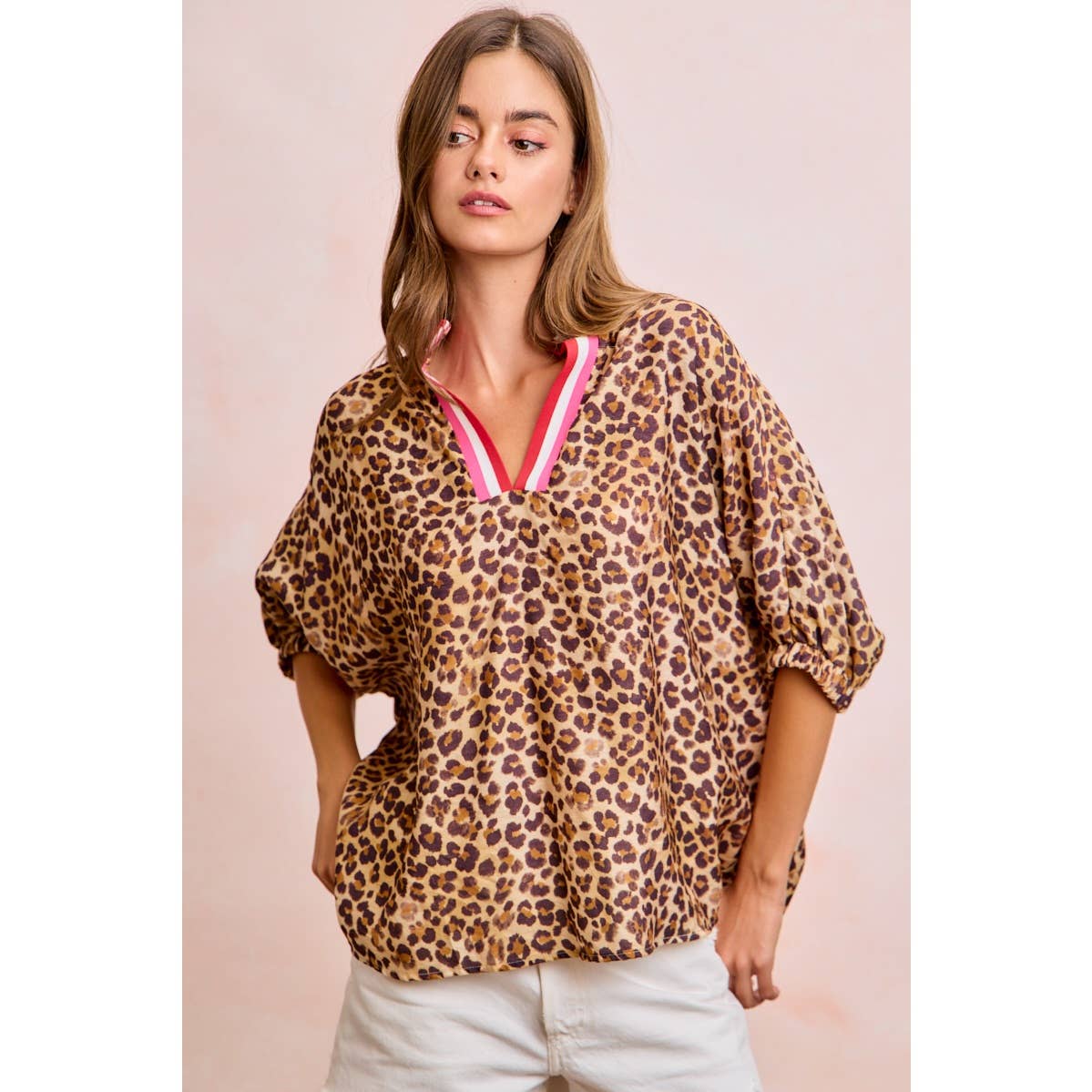 Leopard Print Contrast Banded Blouse