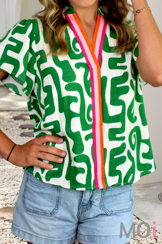 Abstract Print Striped Trim Top