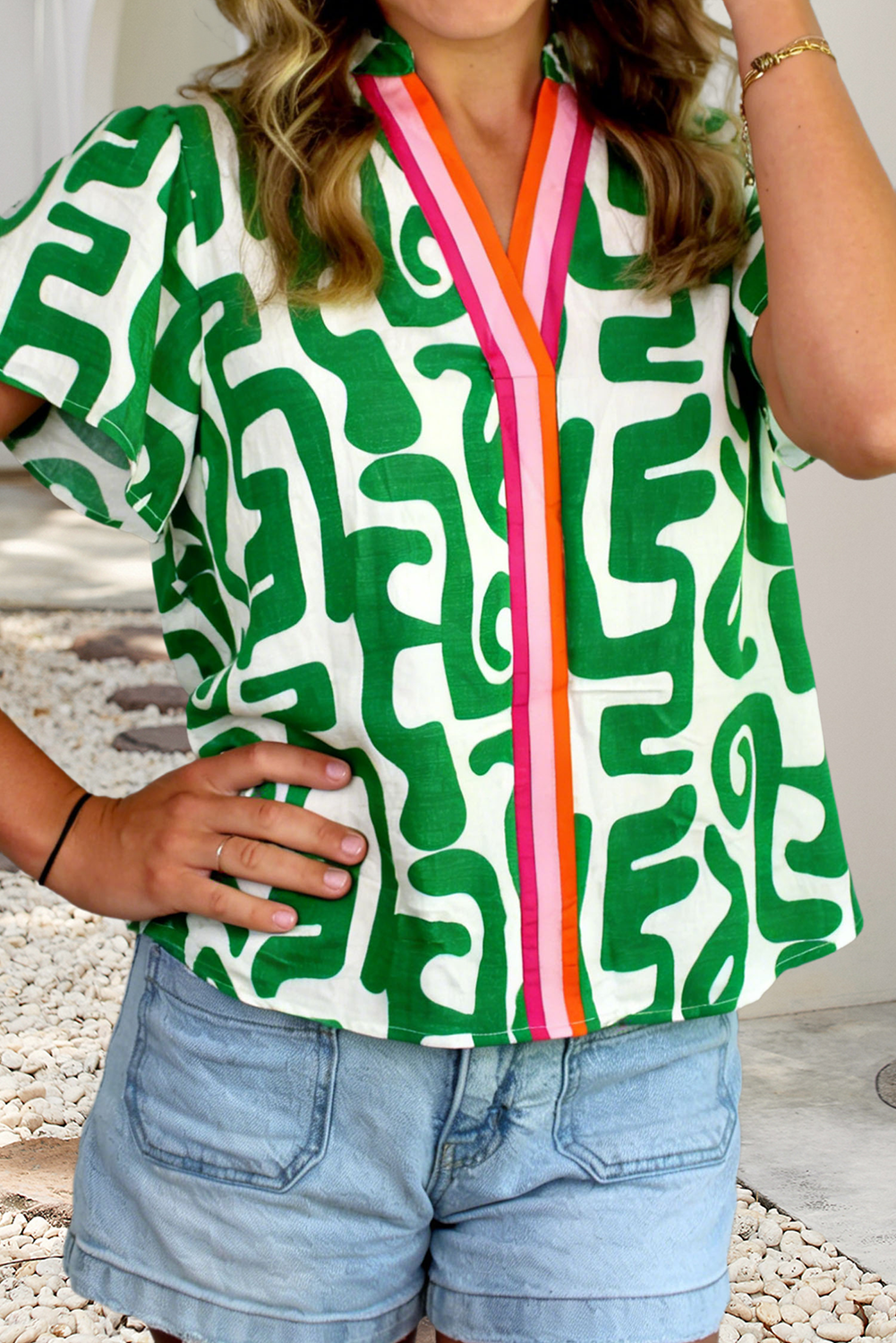 Abstract Print Striped Trim Top