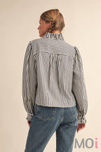 Striped Ruffle Button Down in Black