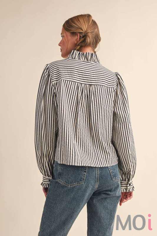 Striped Ruffle Button Down in Black