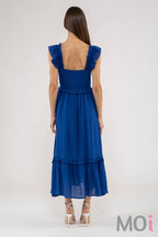 FLUTTER SLEEVE SMOCKED MIDI DRESS