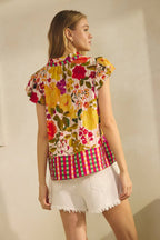 Floral Border Printed Flutter Sleeve Blouse