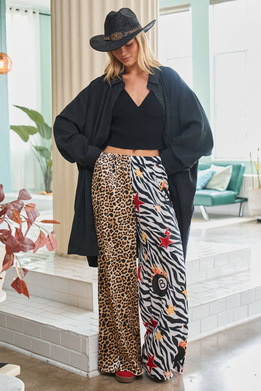 Leopard and Zebra Mixed Print Wide Leg Pants
