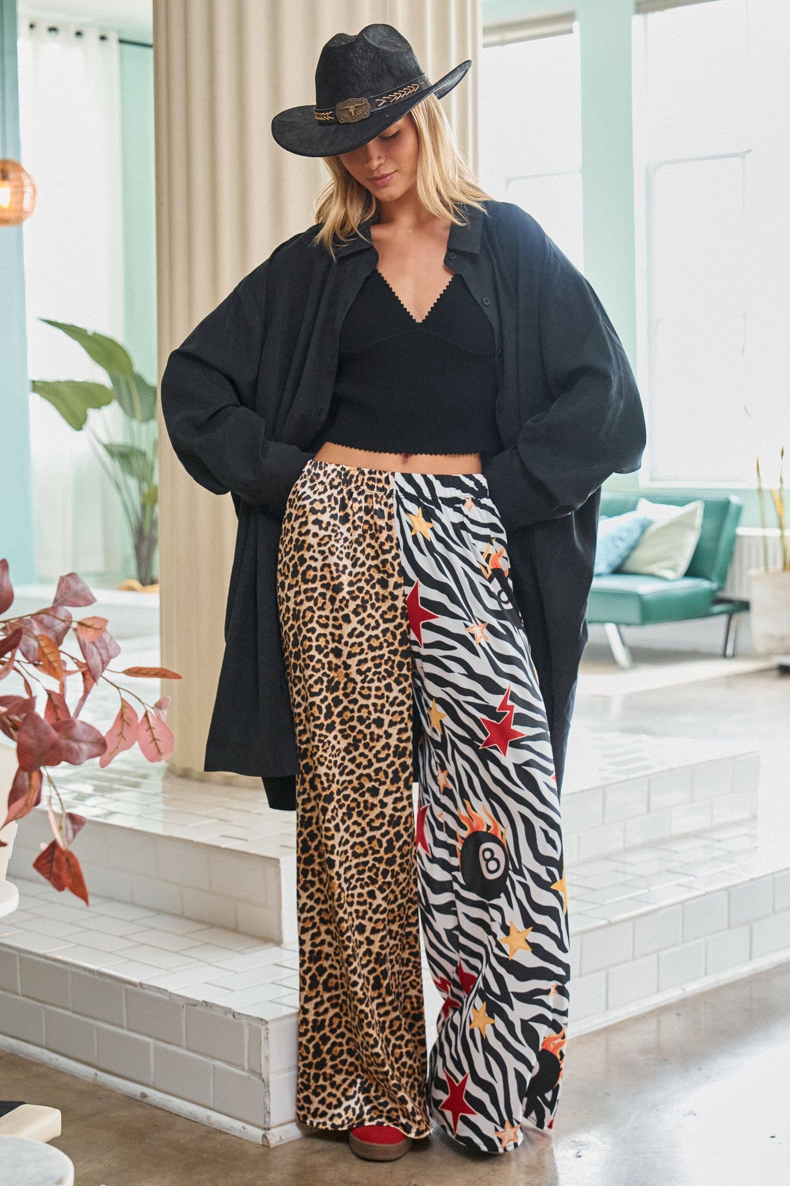 Leopard and Zebra Mixed Print Wide Leg Pants