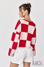 Sarah Round Neck Checkered LS Top