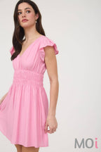 Shirred Waist Ruffle Sleeve Mini Dress