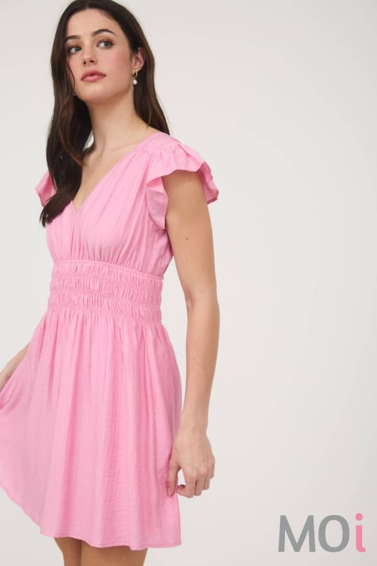 Shirred Waist Ruffle Sleeve Mini Dress