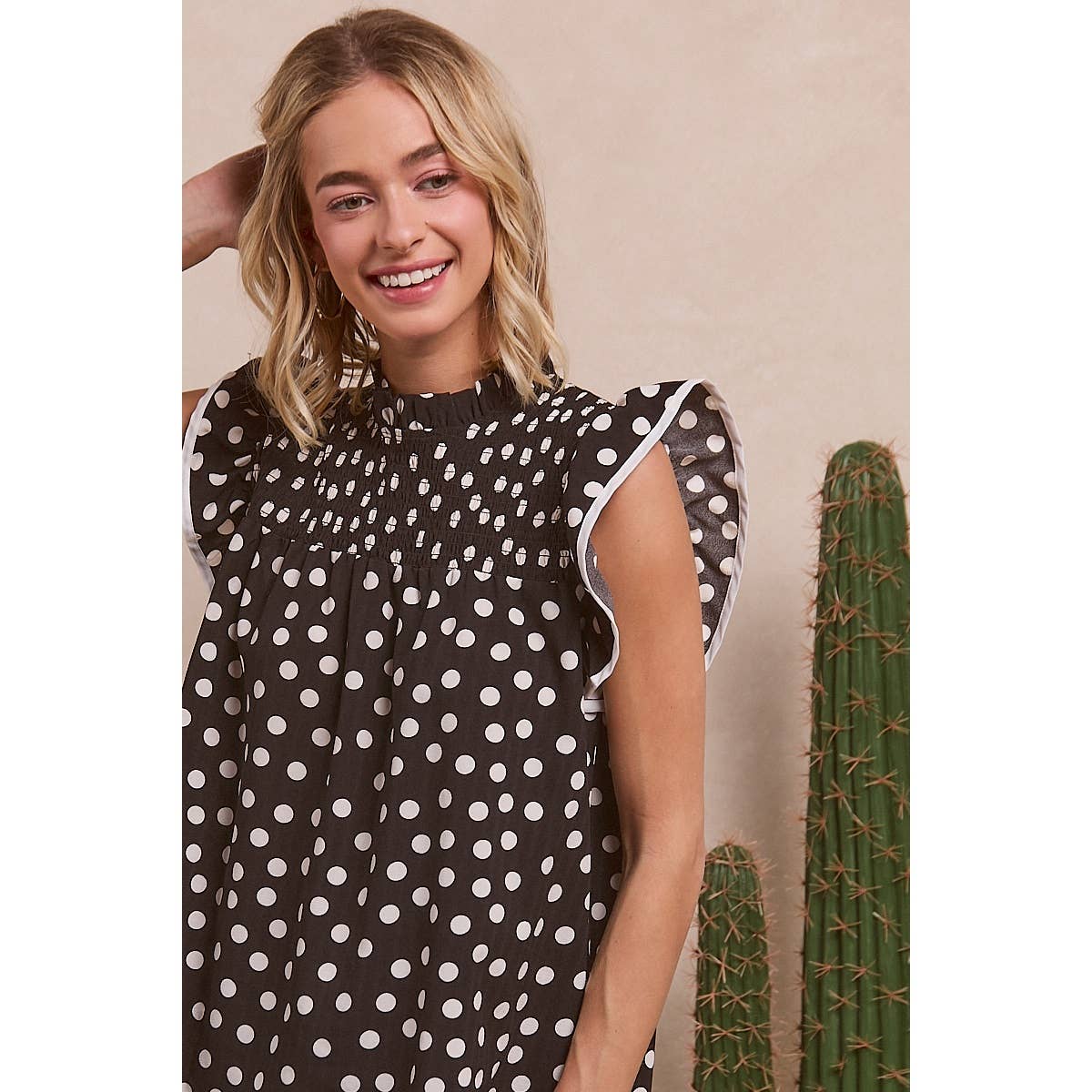 Dot Printed Smocked Yoke Top