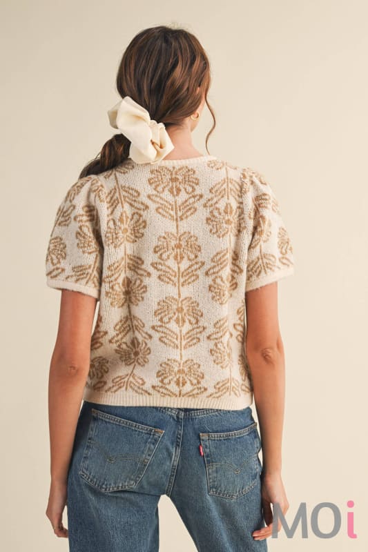 Floral Puff Sleeve Sweater Cardigan
