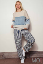 Colorblock Distressed Denim Patchwork Knit Sweater