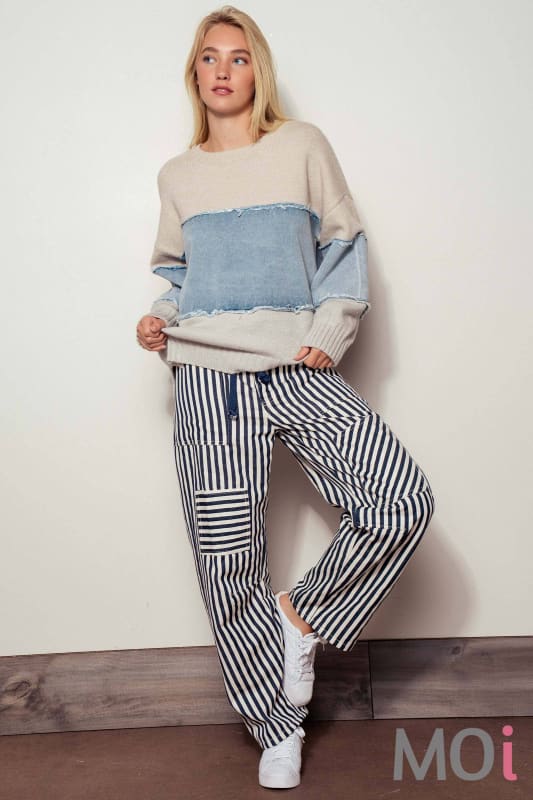 Colorblock Distressed Denim Patchwork Knit Sweater