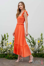 FLUTTER SLEEVE SMOCKED MIDI DRESS