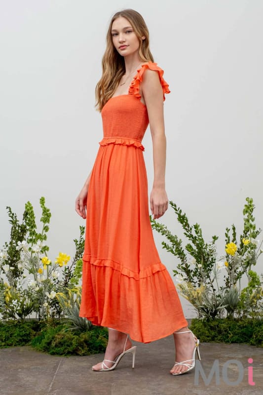 FLUTTER SLEEVE SMOCKED MIDI DRESS