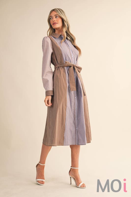 Mixed Stripe Belted Midi Dress