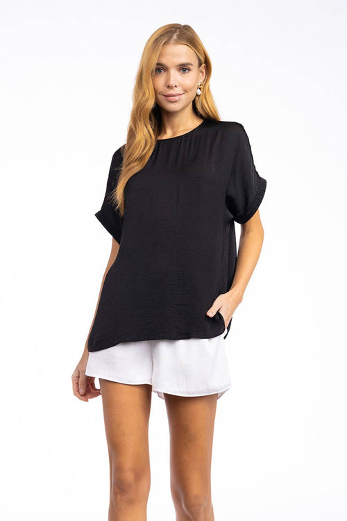 Dolman Short Sleeve Plisse Sleeve Blouse
