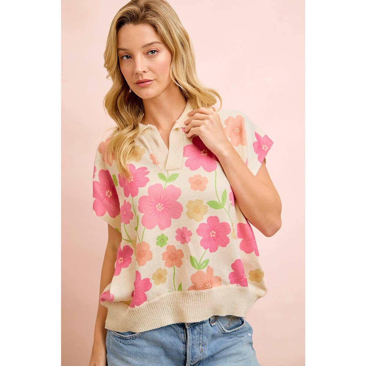 Flower Detail Top With Collar