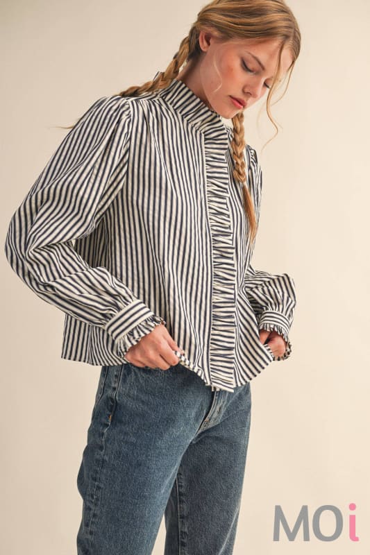 Striped Ruffle Button Down in Black