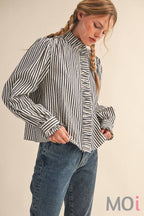 Striped Ruffle Button Down in Black