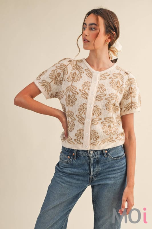 Floral Puff Sleeve Sweater Cardigan