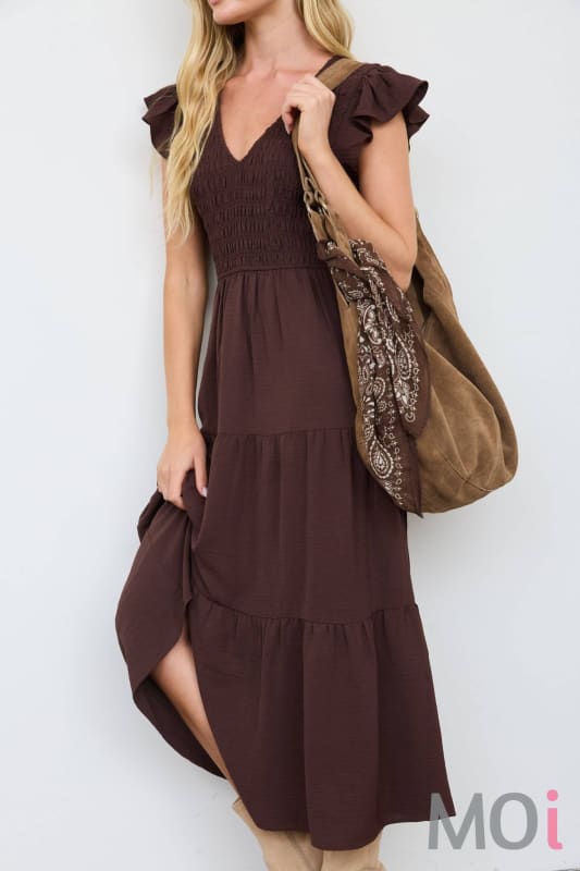 Flutter Sleeve V-Neck Midi Dress