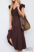 Flutter Sleeve V-Neck Midi Dress