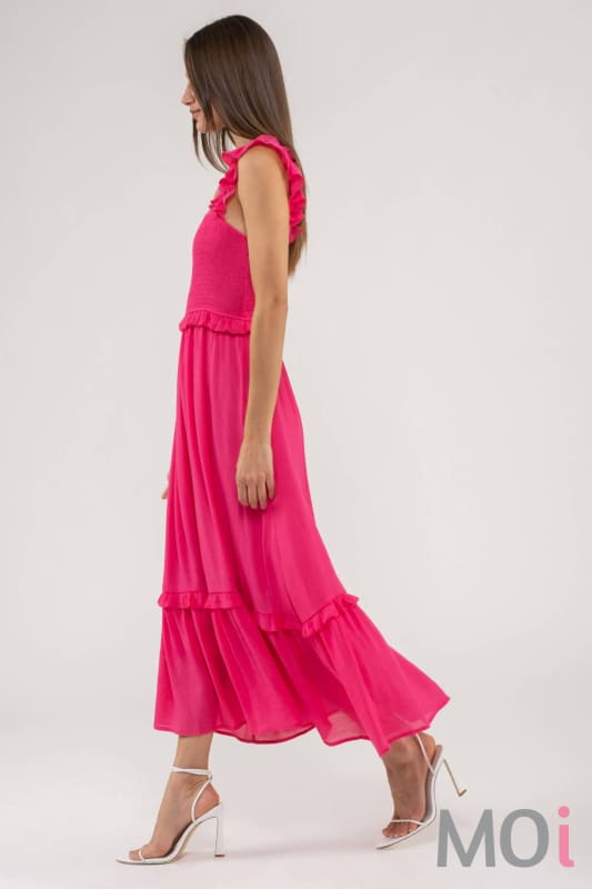 FLUTTER SLEEVE SMOCKED MIDI DRESS