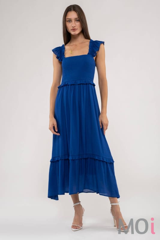 FLUTTER SLEEVE SMOCKED MIDI DRESS
