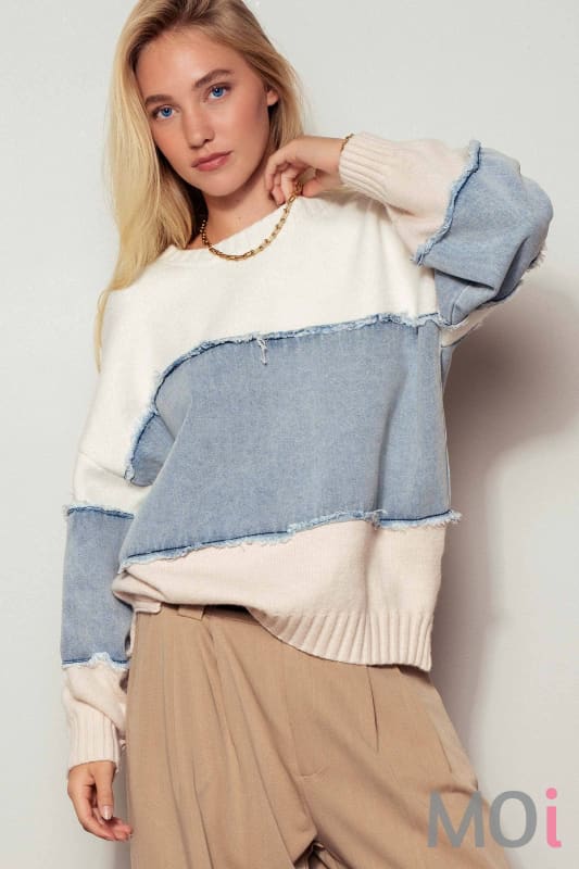 Colorblock Distressed Denim Patchwork Knit Sweater