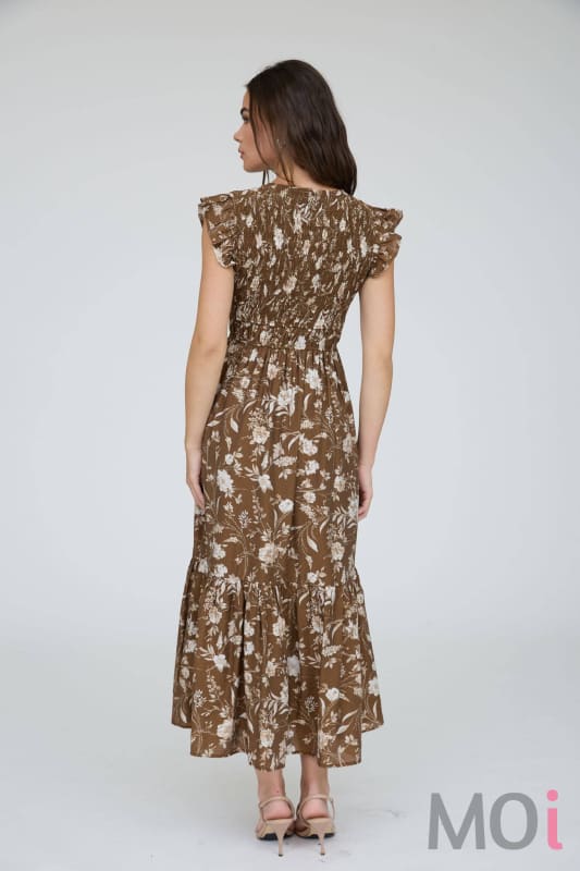 Floral Smocked V-Neck Button Down Midi Dress