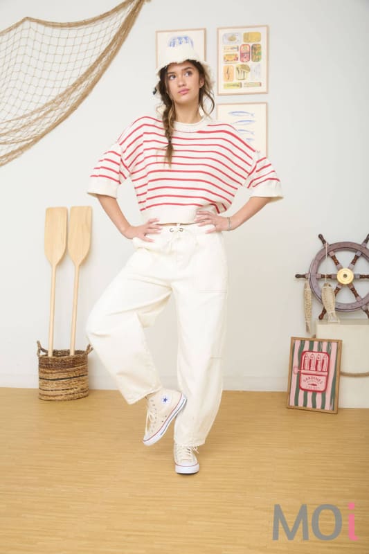 Stripe Raw Edge Drop Shoulder Sweater