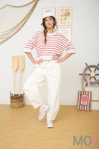 Stripe Raw Edge Drop Shoulder Sweater