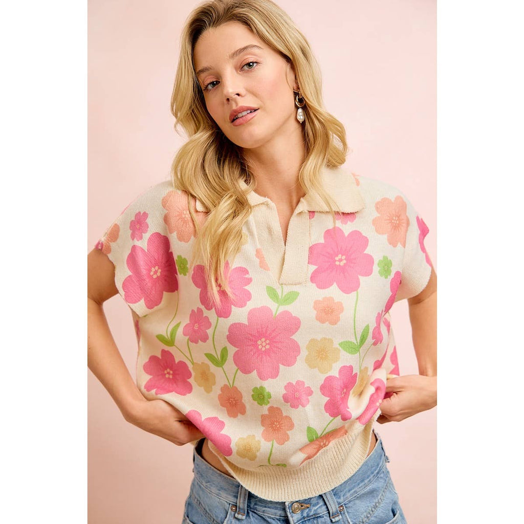 Flower Detail Top With Collar