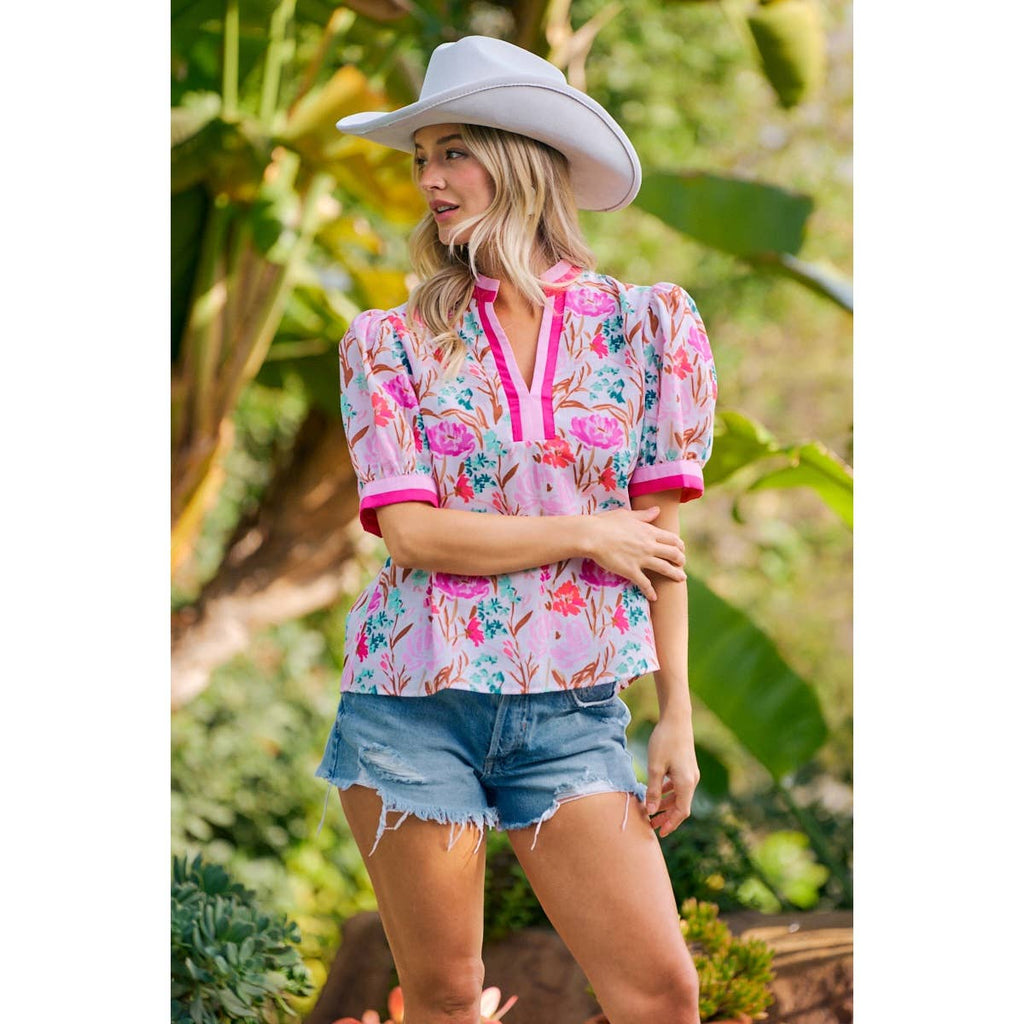 Flower Printed Woven Contrast Top