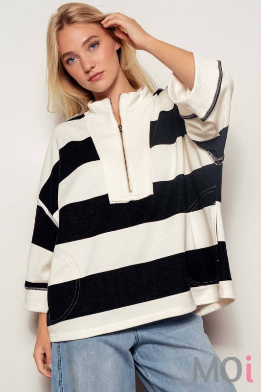 Oversized Half Zip Bold Stripe Statement Pullover Sweatshirt