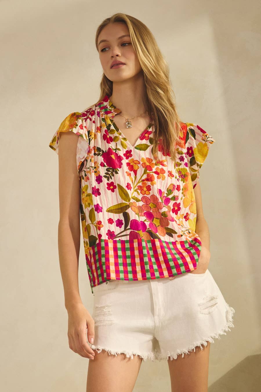 Floral Border Printed Flutter Sleeve Blouse
