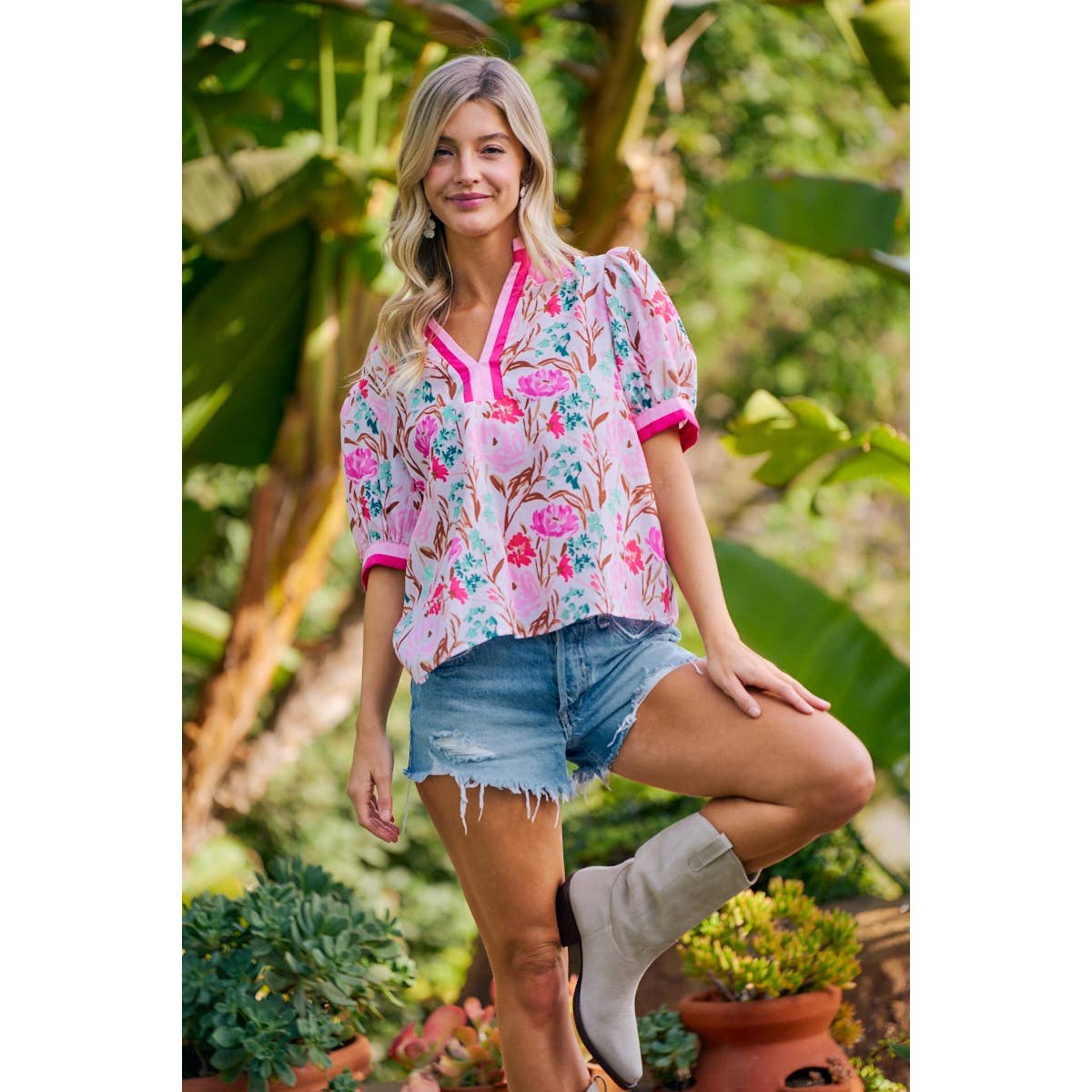 Flower Printed Woven Contrast Top