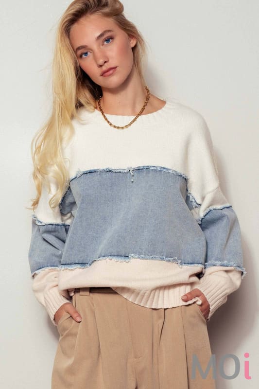Colorblock Distressed Denim Patchwork Knit Sweater
