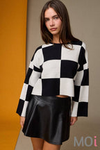 Sarah Round Neck Checkered LS Top