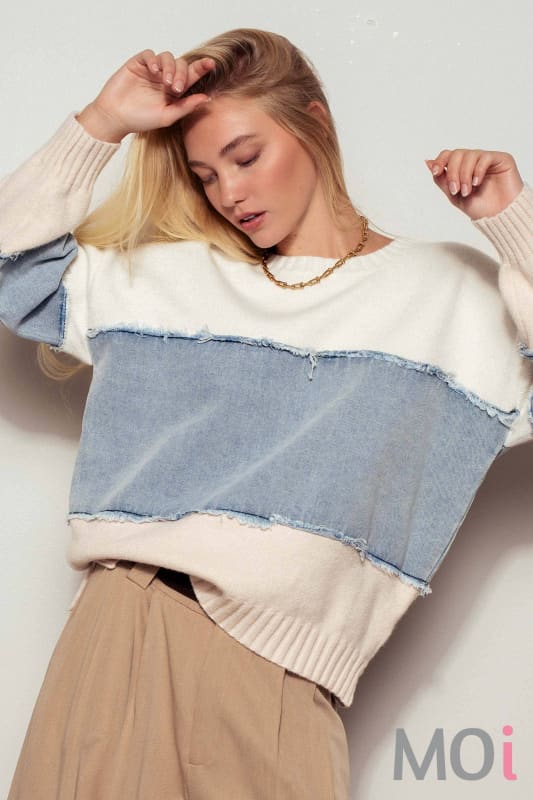 Colorblock Distressed Denim Patchwork Knit Sweater