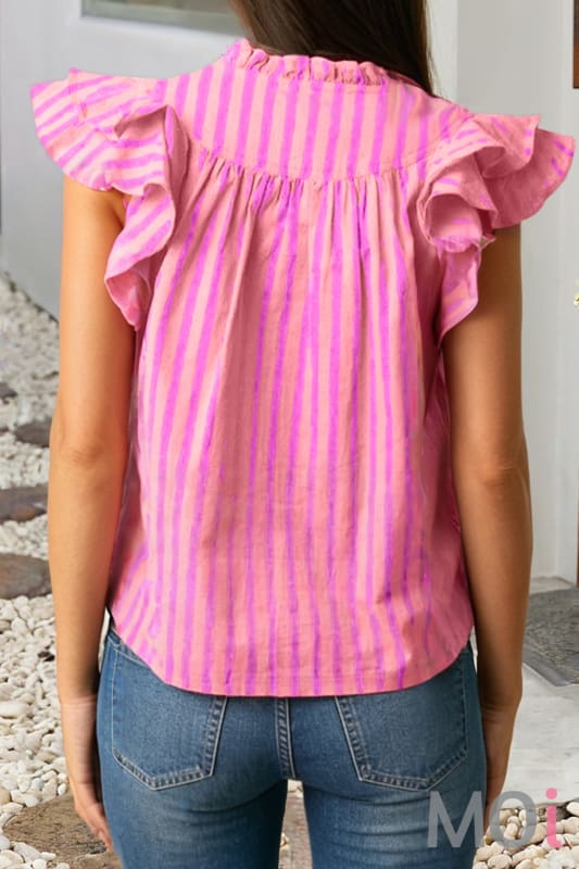 Stripe Split Neck Ruffled Summer Blouse