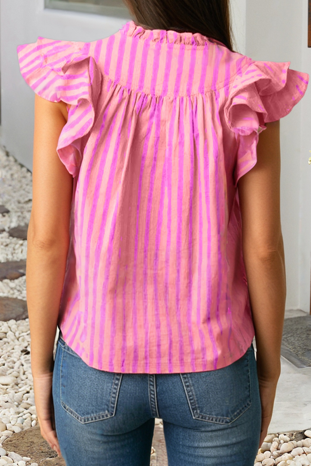 Stripe Split Neck Ruffled Summer Blouse